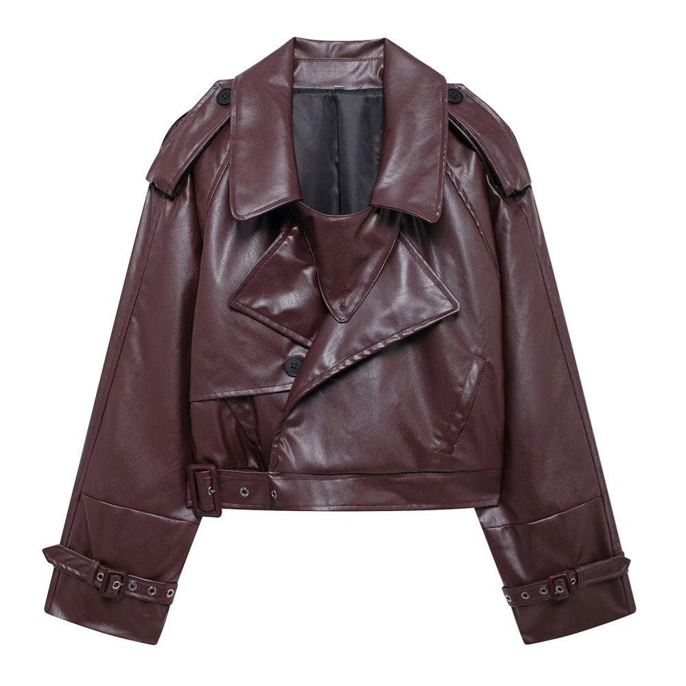 Kurze Motorradjacke mit Knopfdekoration und Revers