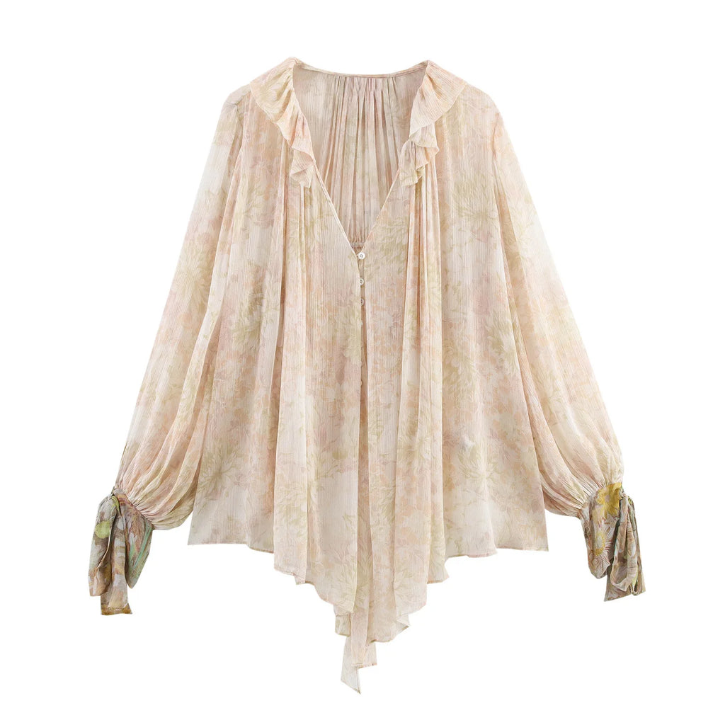 Blumendruck-Shirt mit V-Ausschnitt und asymmetrischem Saum