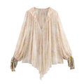 Blumendruck-Shirt mit V-Ausschnitt und asymmetrischem Saum