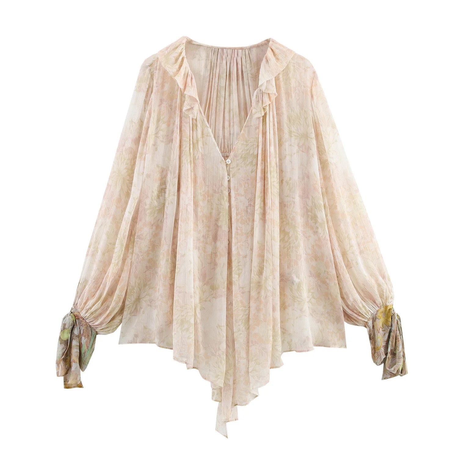 Blumendruck-Shirt mit V-Ausschnitt und asymmetrischem Saum