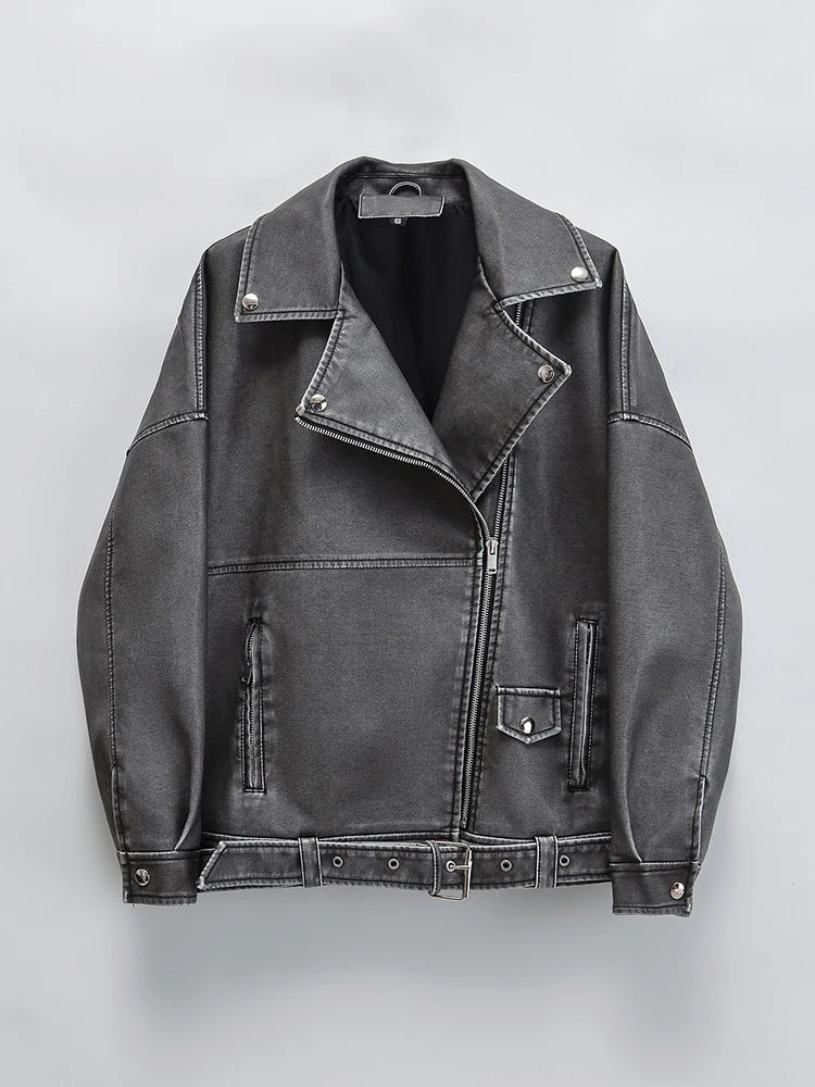 Vintage-Jacke aus Kunstleder mit Reißverschluss und Gürtel