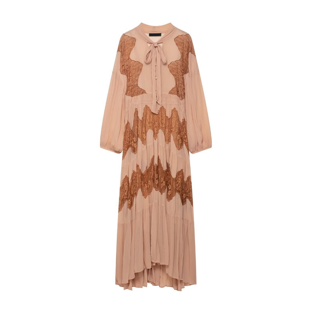 Elegantes Midi-Kleid mit Schleifenkragen und Spitzenapplikationen